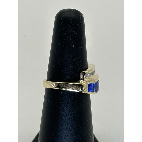 Vintage 14k Yellow Gold Australian Opal Diamond Ring Size 6 Signed T.D. - Picture 6 of 13